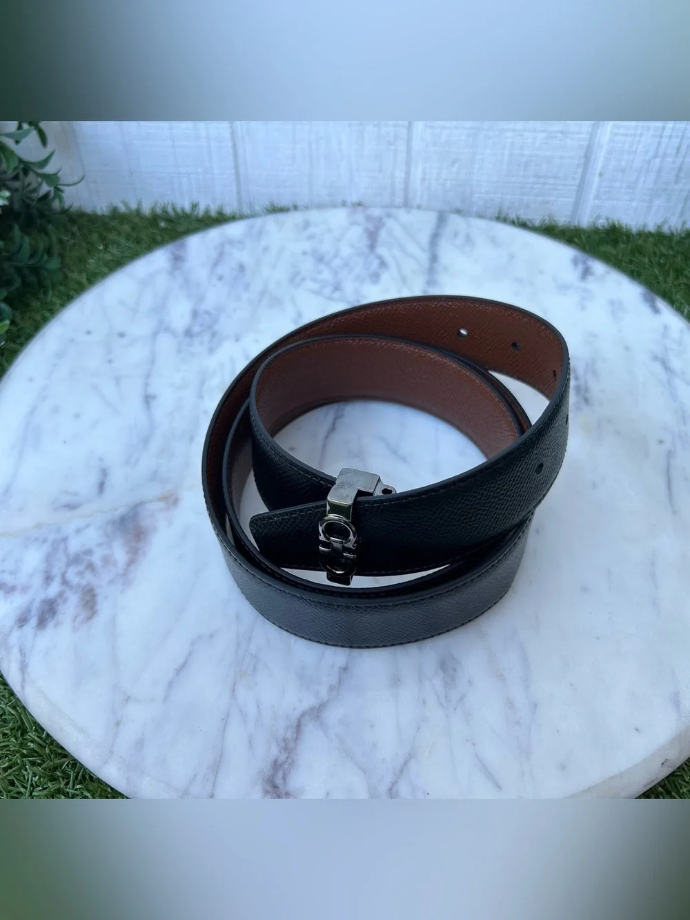 Salvatore Ferragamo Brown Leather Double Gancini Belt Strap Only